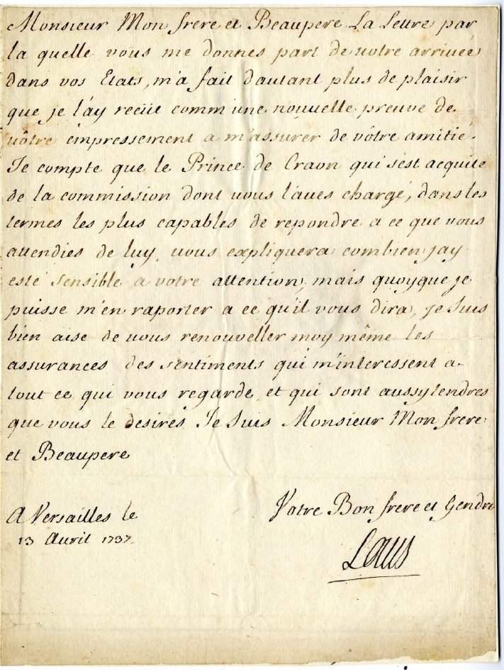 Lettre autographe du roi de France, Louis XV au roi de Pologne, Stanislas Ier