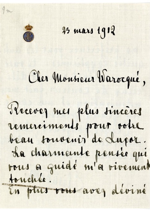 Lettre autographe de la Reine des Belges, Élisabeth à monsieur Raoul Warocqué