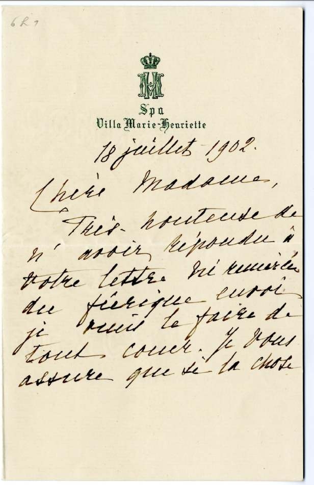 Lettre autographe de la reine des Belges Marie-Henriette à madame Mary Warocqué