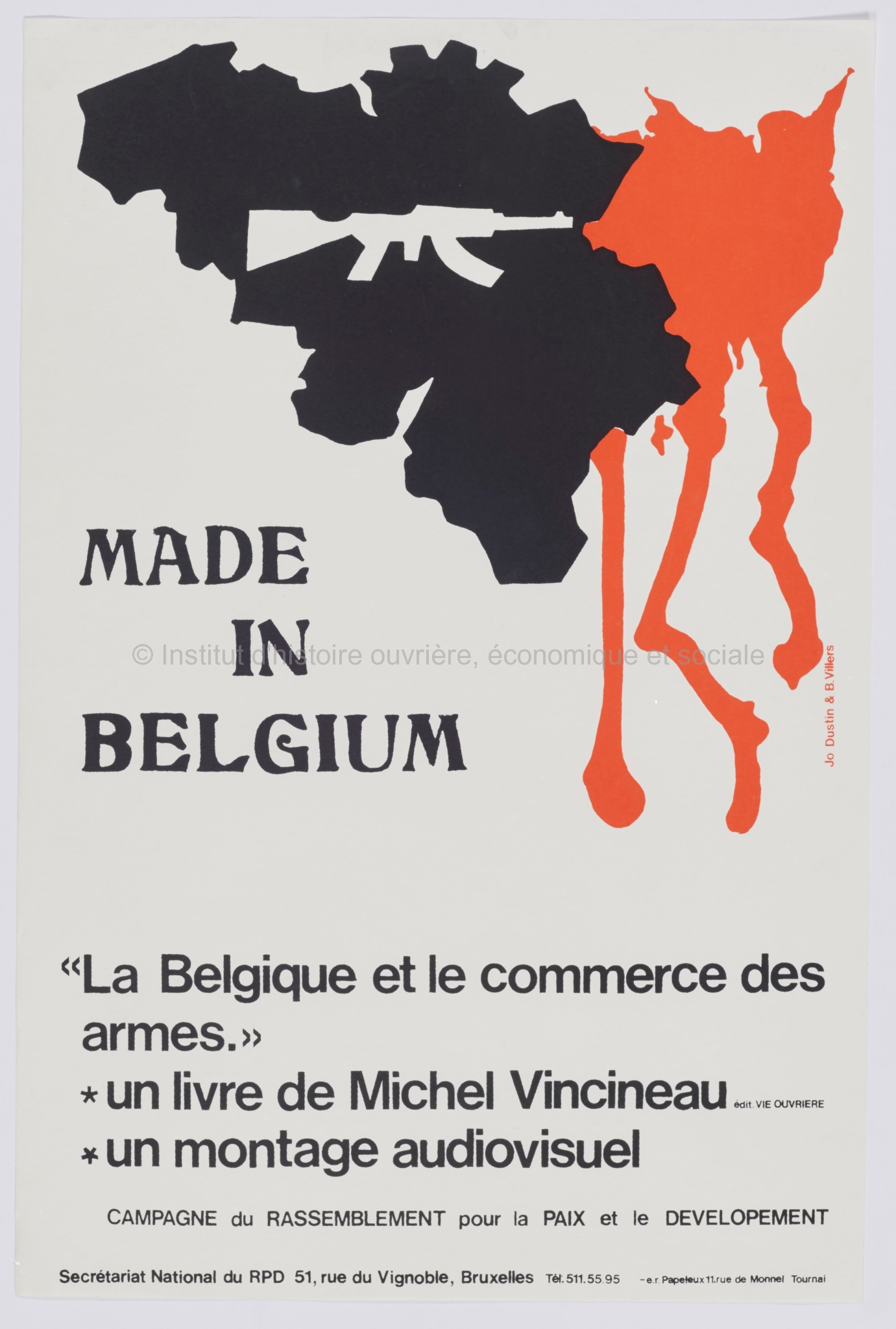 Made in Belgium. "La Belgique et le commerce des armes" un livre de Michel Vincineau - un montage audiovisuel : campagne du Rassemblement pour la paix et le développement