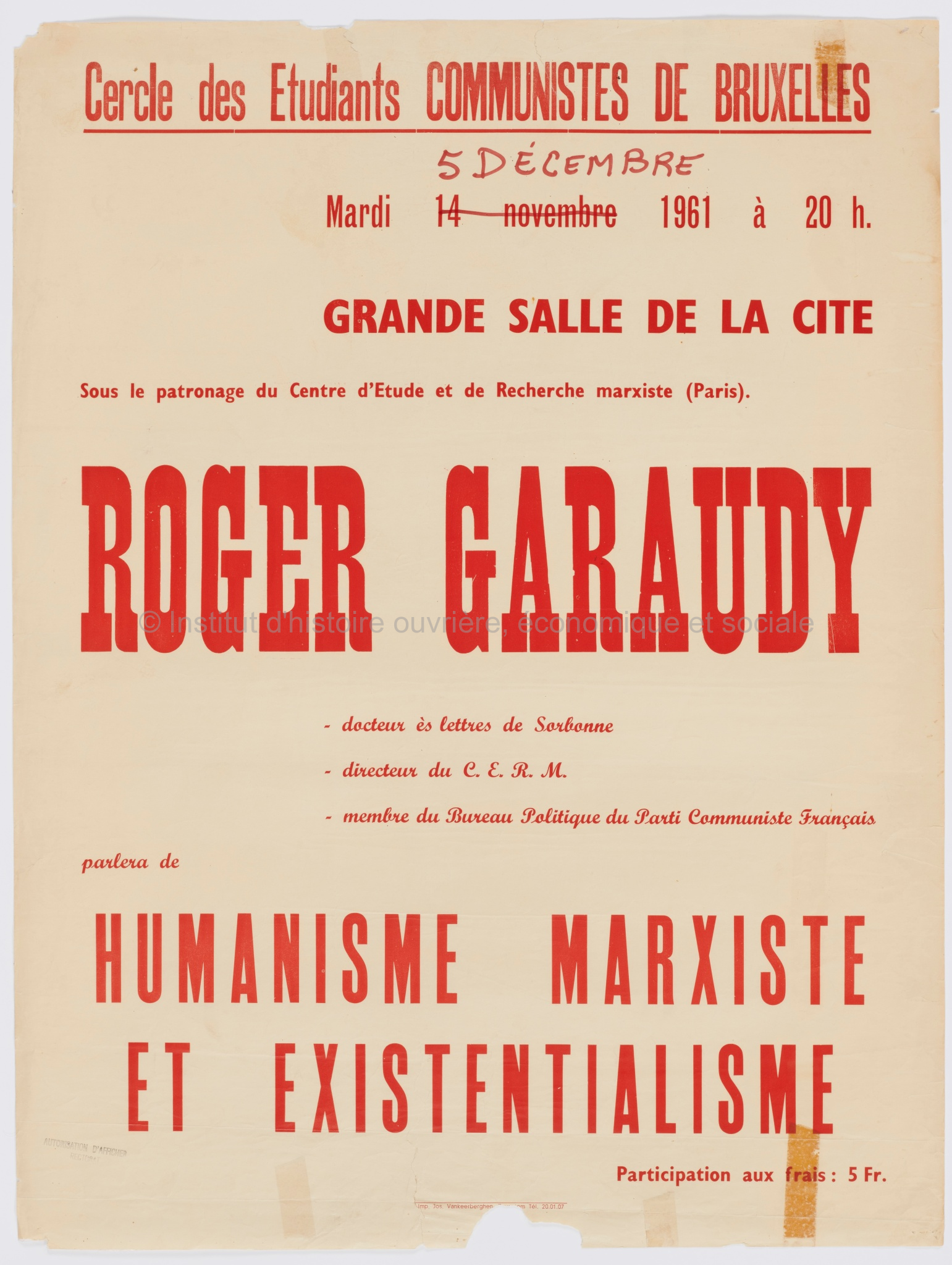 Roger Garaudy parlera de "Humanisme marxiste et existentialisme"