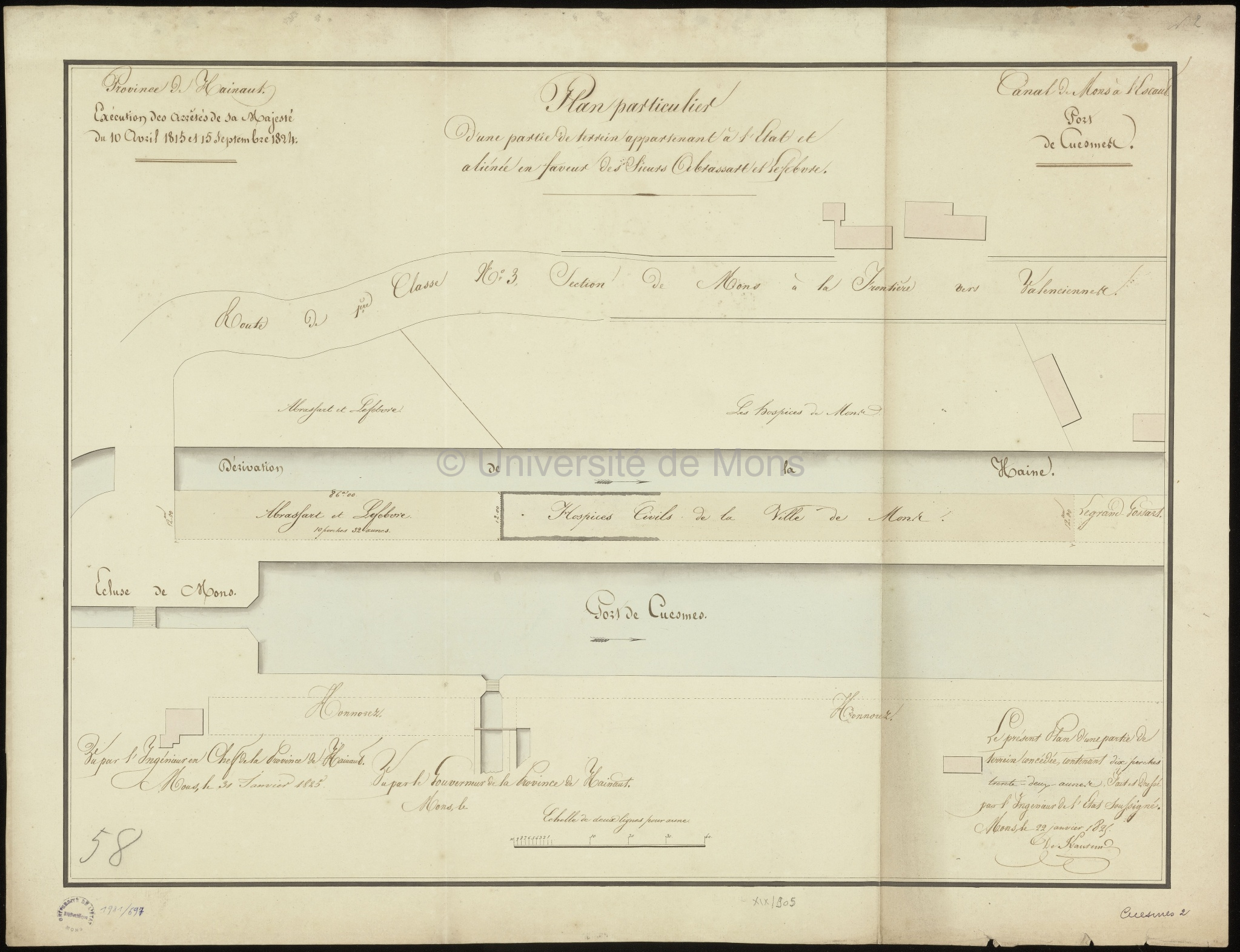 Canal de Mons à l'Escaut. Port de Cuesmes. Plan particulier d'une partie de terrein [sic] appartenant à l'Etat et aliénée en faveur des sieurs Abrassart et Lefebvre