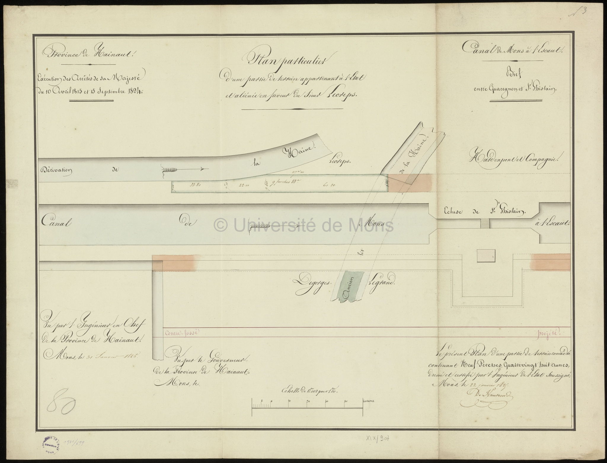 Canal de Mons à l'Escaut. Bief entre Quaregnon et Saint-Ghislain. Plan particulier d'une partie de terrein [sic] appartenant à l'Etat et aliénée en faveur du Sieurs Lecreps