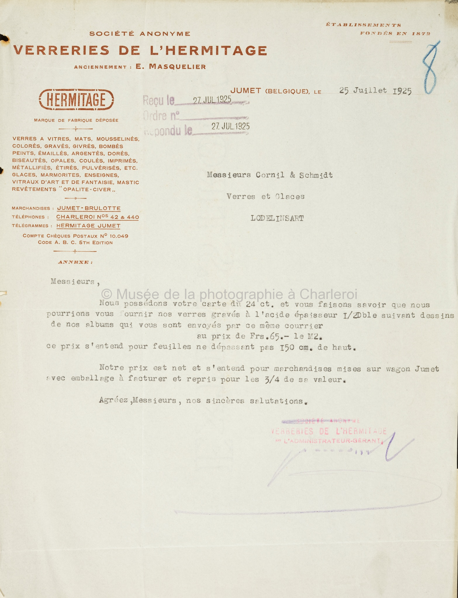 Remise de prix par lettre des verreries de l'hermitage; à M. Cornil & Schmidt