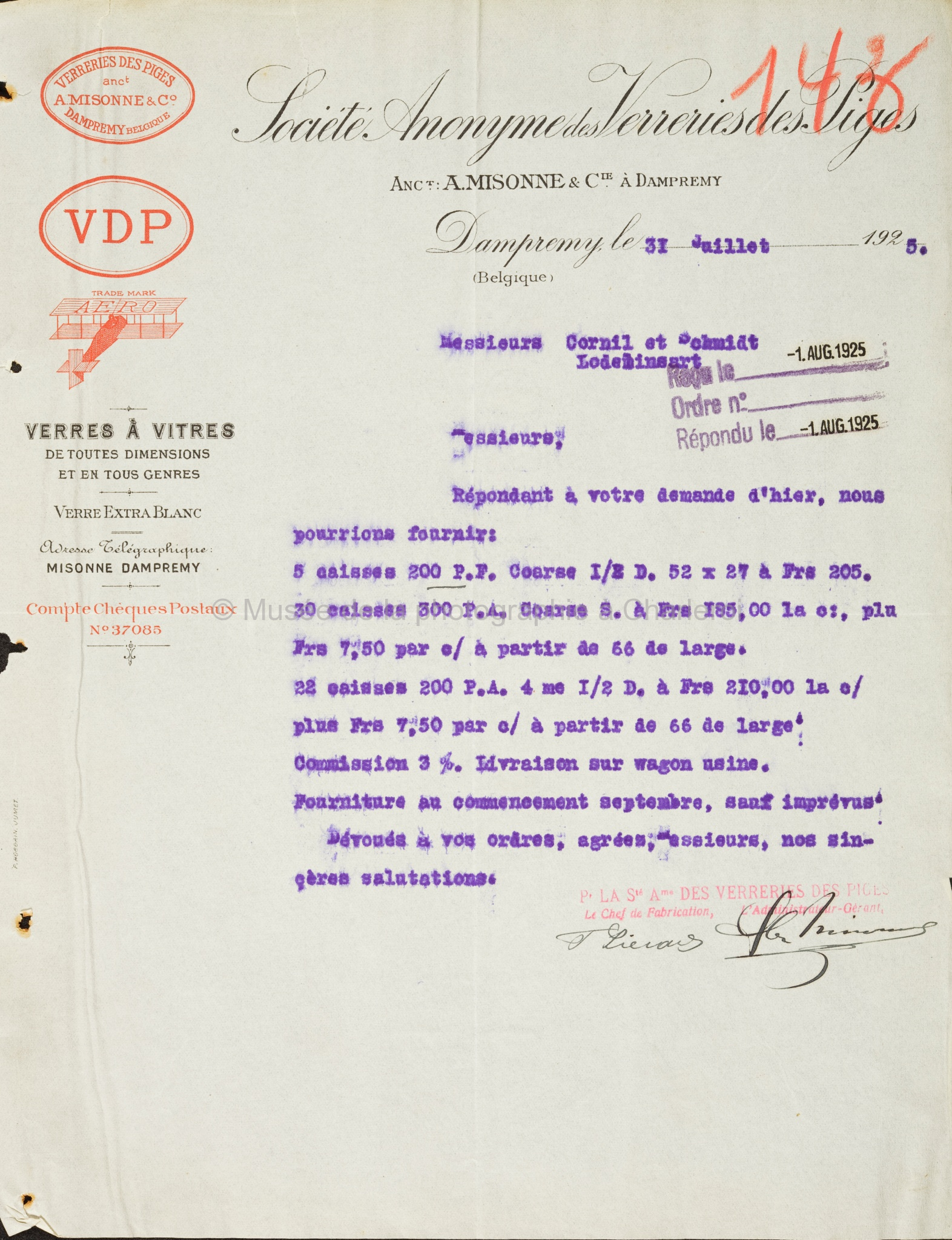 Remise de prix par lettre des verreries des Piges; à M. Cornil & Schmidt